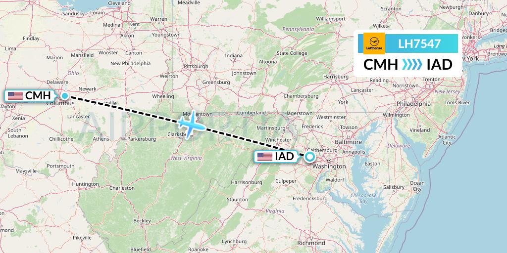 LH7547 Lufthansa Flight Map: Columbus to Washington
