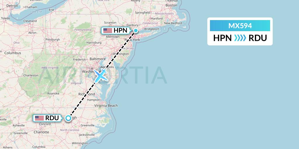 MX594 Breeze Airways Flight Map: White Plains to Raleigh-Durham