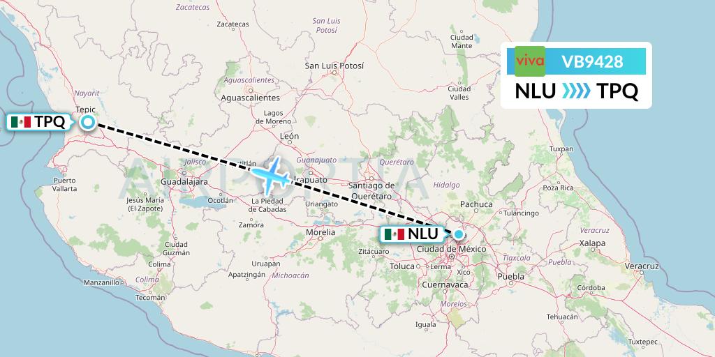 VB9428 VivaAerobus Flight Map: Reyes Acozac to Tepic