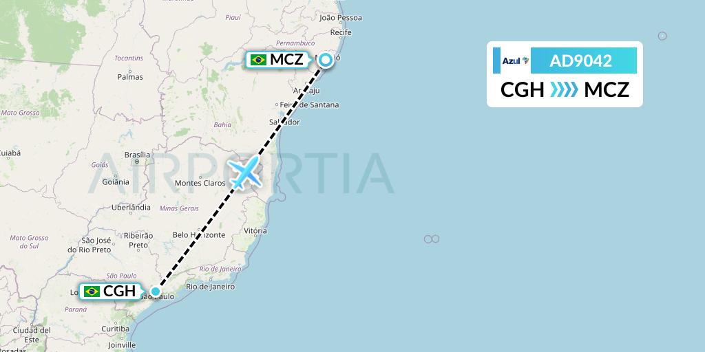 AD9042 Azul Brazilian Airlines Flight Map: Sao Paulo to Maceio