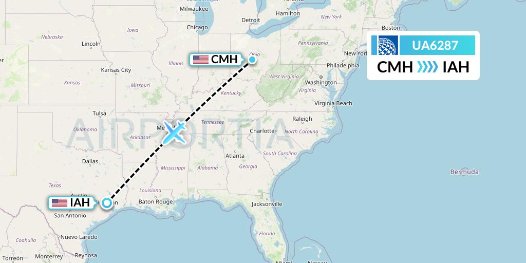 UA6287 United Airlines Flight Map: Columbus to Houston
