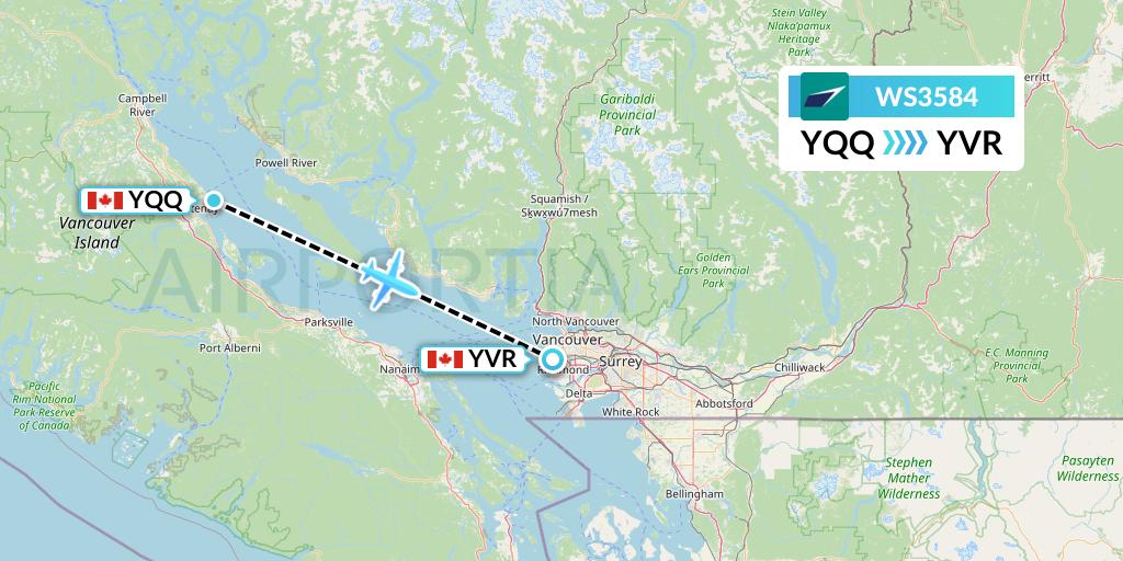 WS3584 WestJet Flight Map: Comox to Vancouver