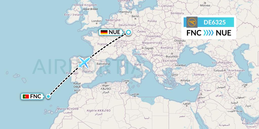 DE6325 Condor Flight Map: Funchal to Nurnberg