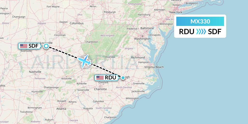 MX330 Breeze Airways Flight Map: Raleigh-Durham to Louisville