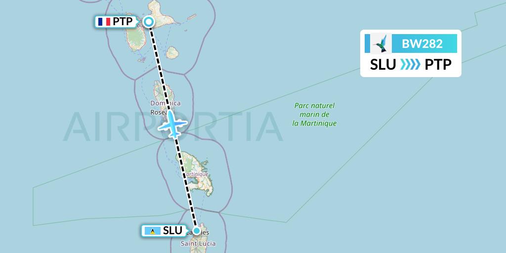 BW282 Caribbean Airlines Flight Map: Castries to Pointe-a-Pitre