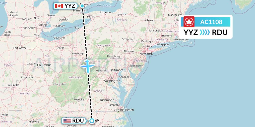 AC1108 Air Canada Flight Map: Toronto to Raleigh-Durham