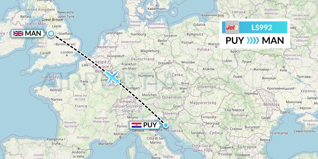 LS992 Jet2 Flight Map: Pula to Manchester