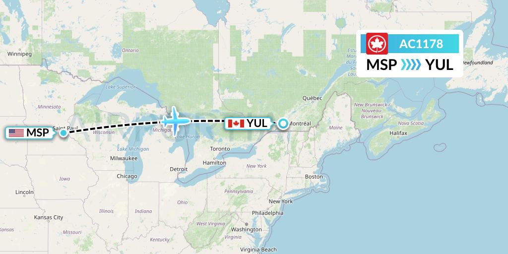 AC1178 Air Canada Flight Map: Minneapolis to Montreal