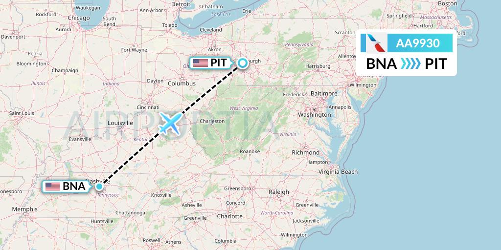 AA9930 American Airlines Flight Map: Nashville to Pittsburgh