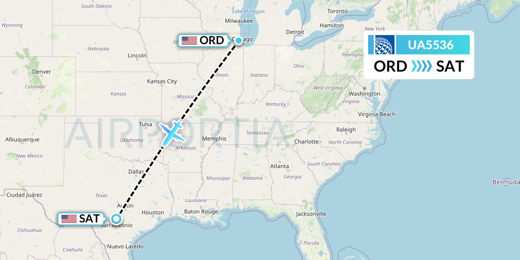 UA5536 United Airlines Flight Map: Chicago to San Antonio