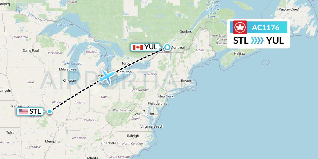 AC1176 Air Canada Flight Map: St. Louis to Montreal
