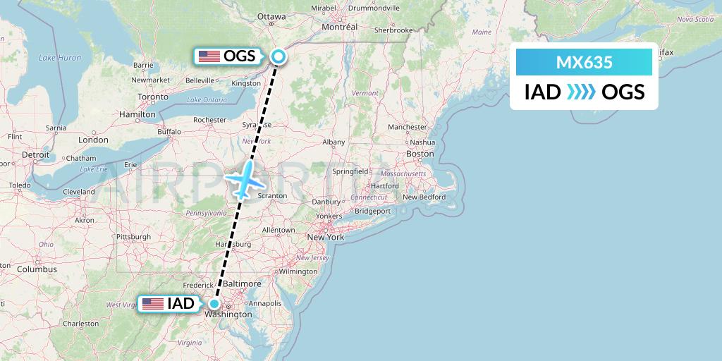 MX635 Breeze Airways Flight Map: Washington to Ogdensburg