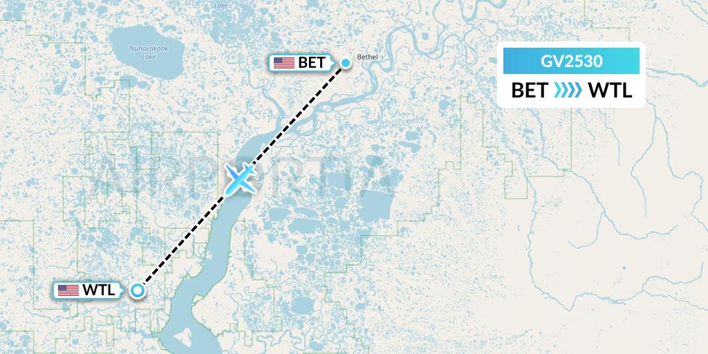 GV2530 Grant Aviation Flight Map: Bethel to Tuntutuliak