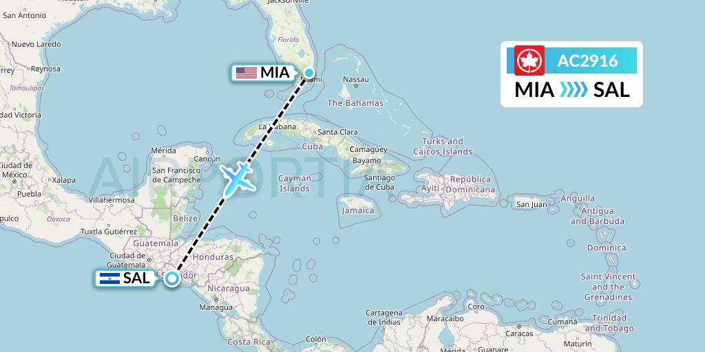 AC2916 Air Canada Flight Map: Miami to San Salvador
