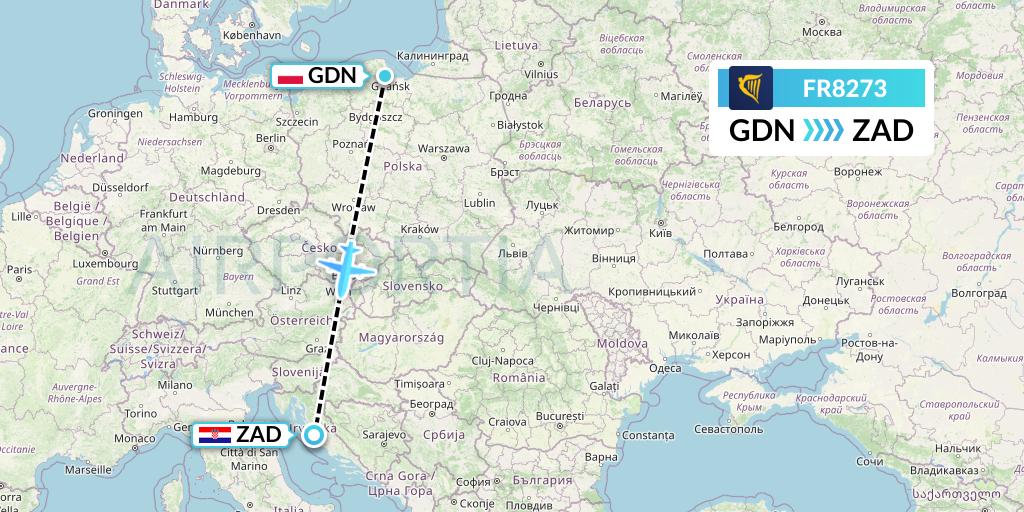 FR8273 Ryanair Flight Map: Gdansk to Zadar