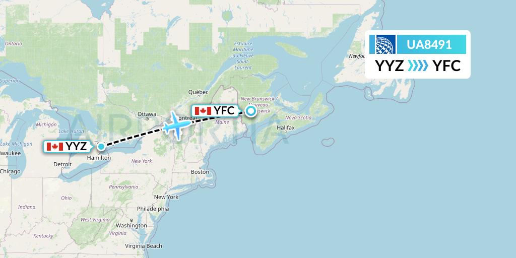 UA8491 United Airlines Flight Map: Toronto to Fredericton