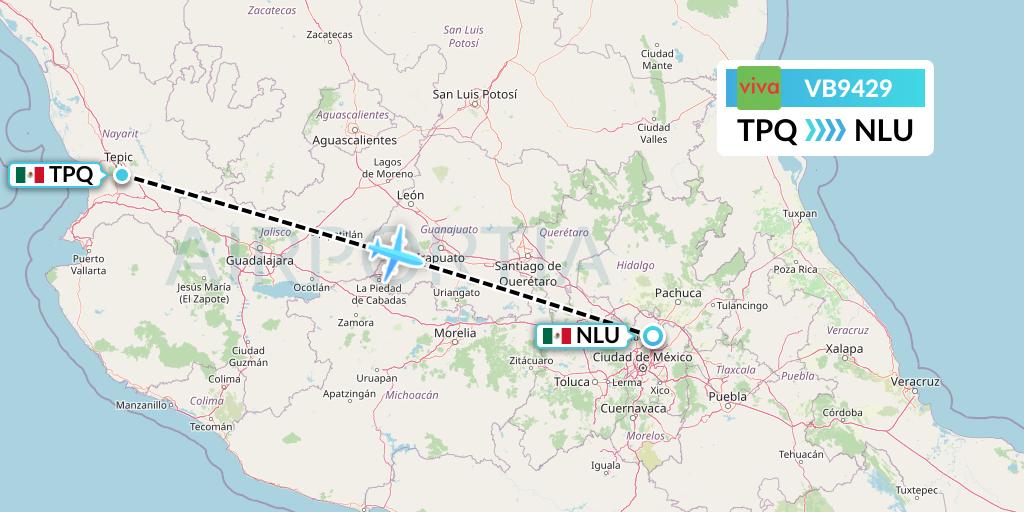 VB9429 VivaAerobus Flight Map: Tepic to Reyes Acozac