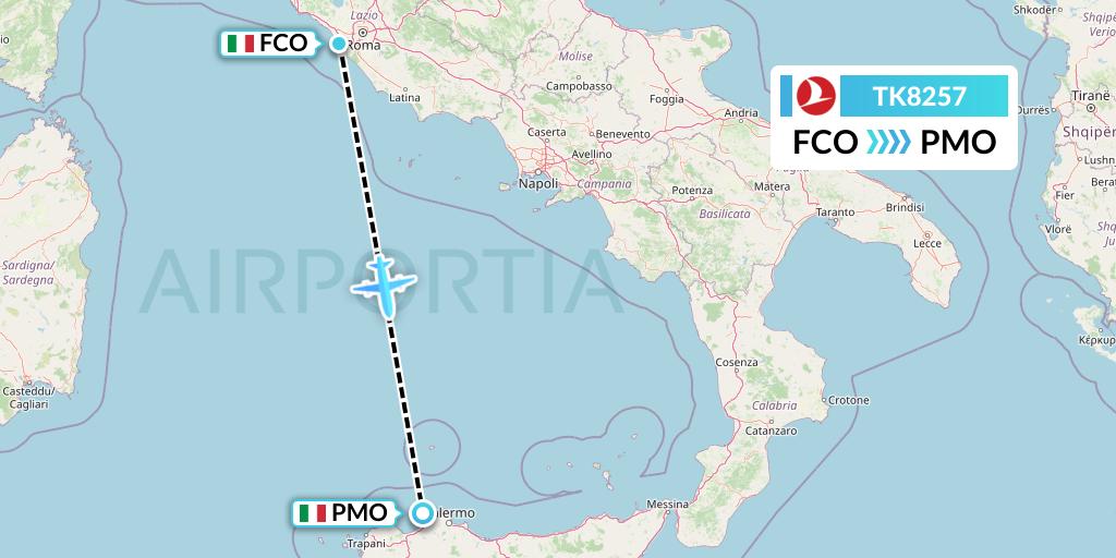TK8257 Turkish Airlines Flight Map: Rome to Palermo