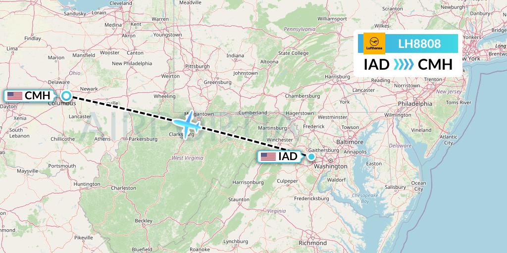 LH8808 Lufthansa Flight Map: Washington to Columbus