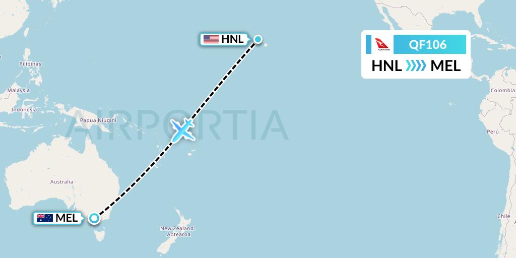 QF106 Qantas Flight Map: Honolulu to Melbourne