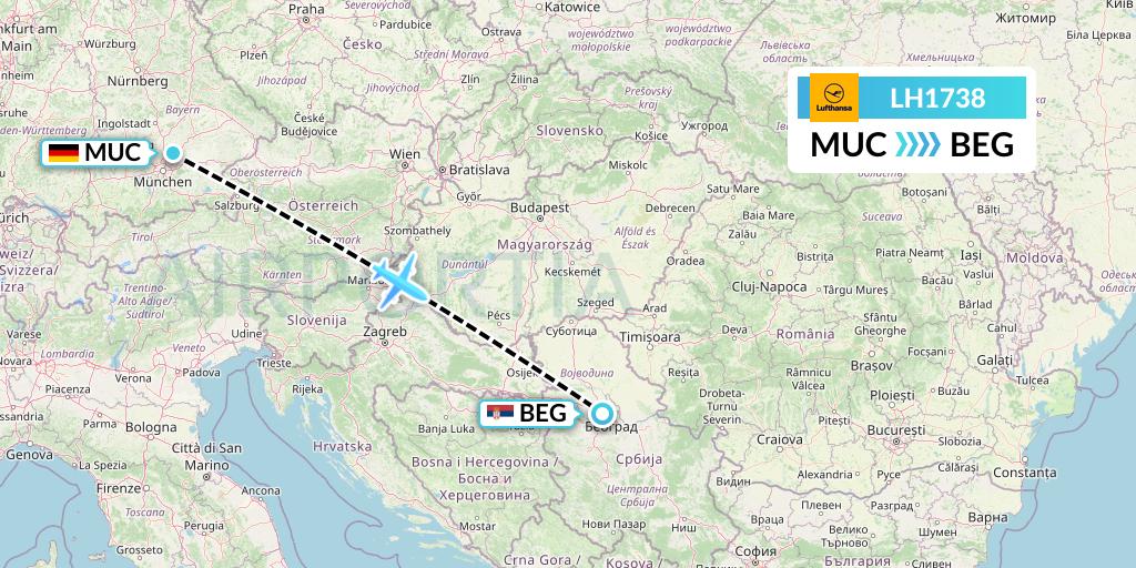 LH1738 Lufthansa Flight Map: Munich to Belgrade