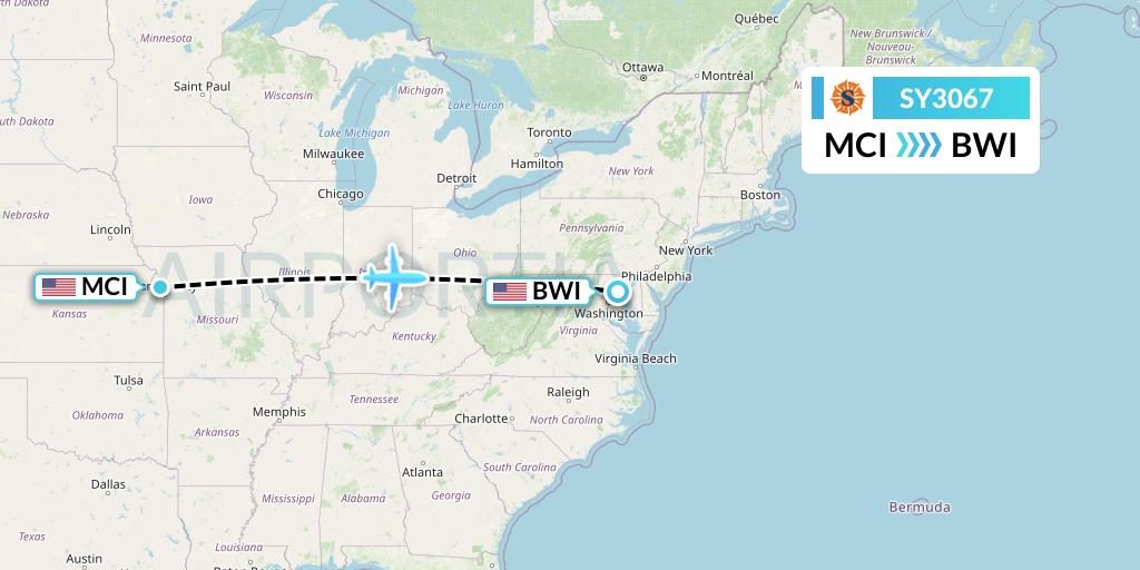 SY3067 Sun Country Airlines Flight Map: Kansas City to Baltimore