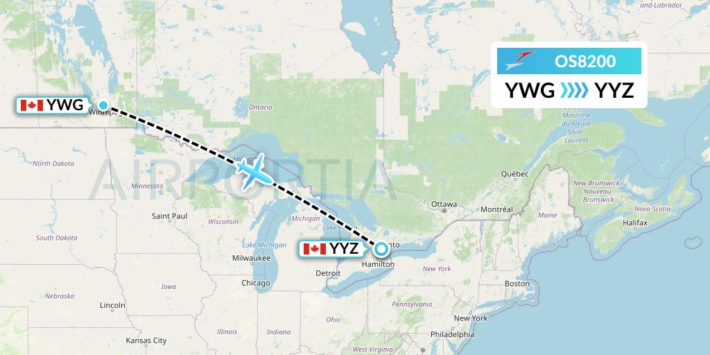 OS8200 Austrian Airlines Flight Map: Winnipeg to Toronto