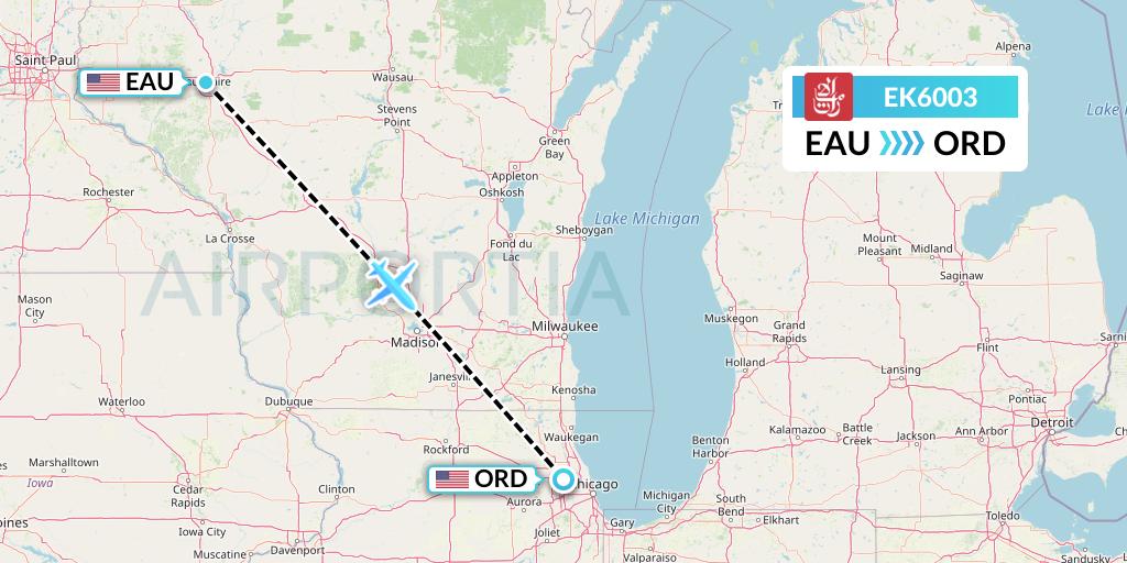 EK6003 Emirates Flight Map: Eau Claire to Chicago