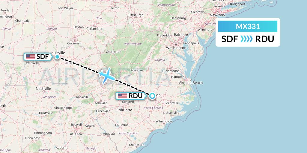 MX331 Breeze Airways Flight Map: Louisville to Raleigh-Durham