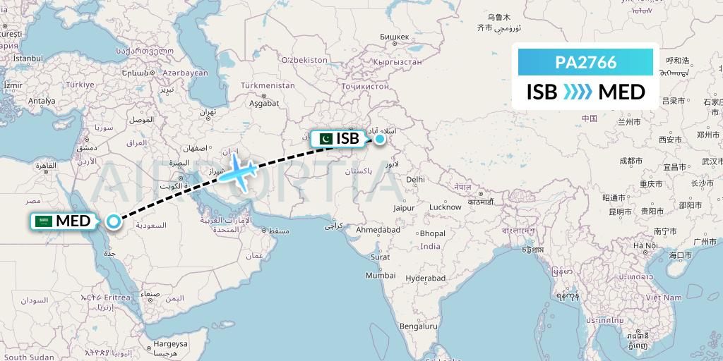 PA2766 AirBlue Flight Map: Islamabad to Medina
