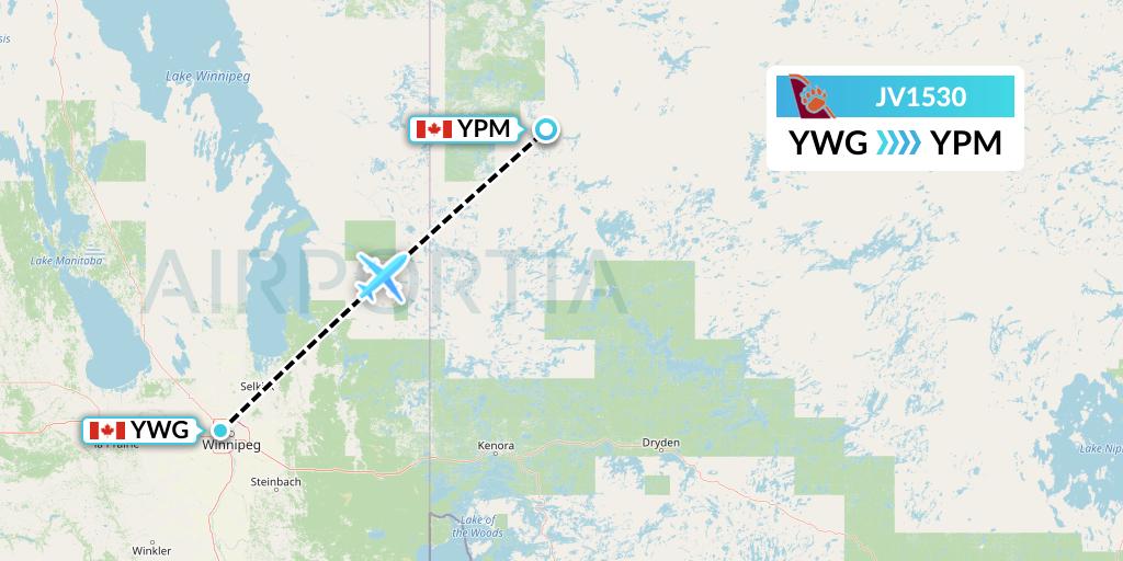 JV1530 Bearskin Airlines Flight Map: Winnipeg to Pikangikum