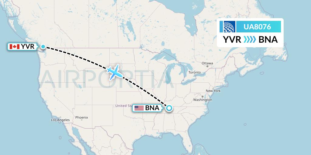 UA8076 United Airlines Flight Map: Vancouver to Nashville