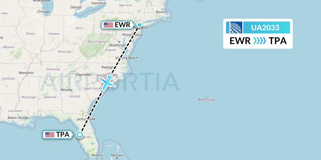 UA2033 United Airlines Flight Map: New York to Tampa