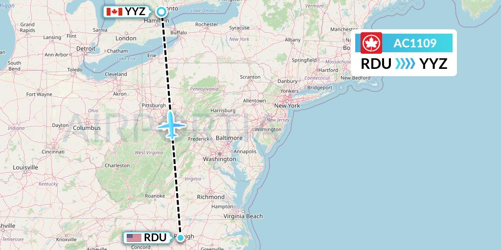 AC1109 Air Canada Flight Map: Raleigh-Durham to Toronto