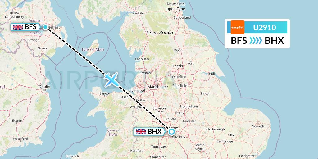 U2910 EasyJet Flight Map: Belfast to Birmingham