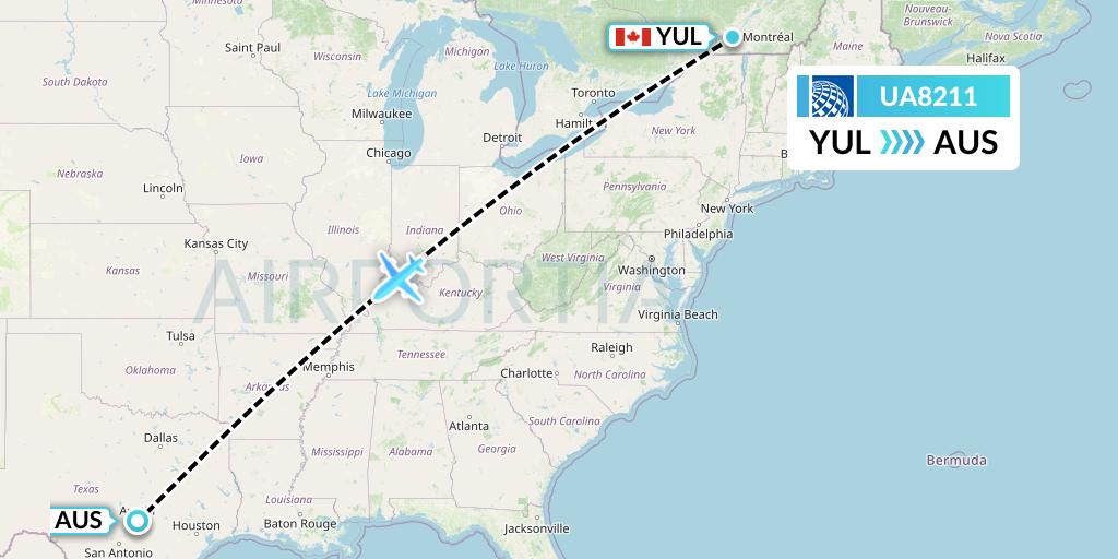 UA8211 United Airlines Flight Map: Montreal to Austin