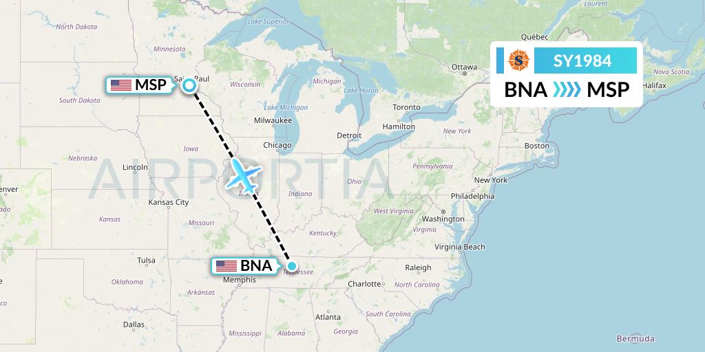 SY1984 Sun Country Airlines Flight Map: Nashville to Minneapolis