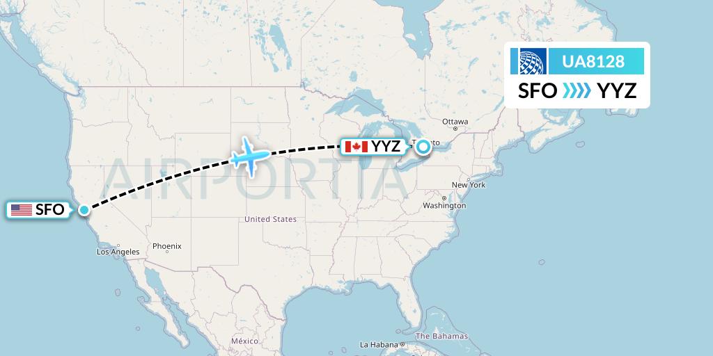 UA8128 United Airlines Flight Map: San Francisco to Toronto