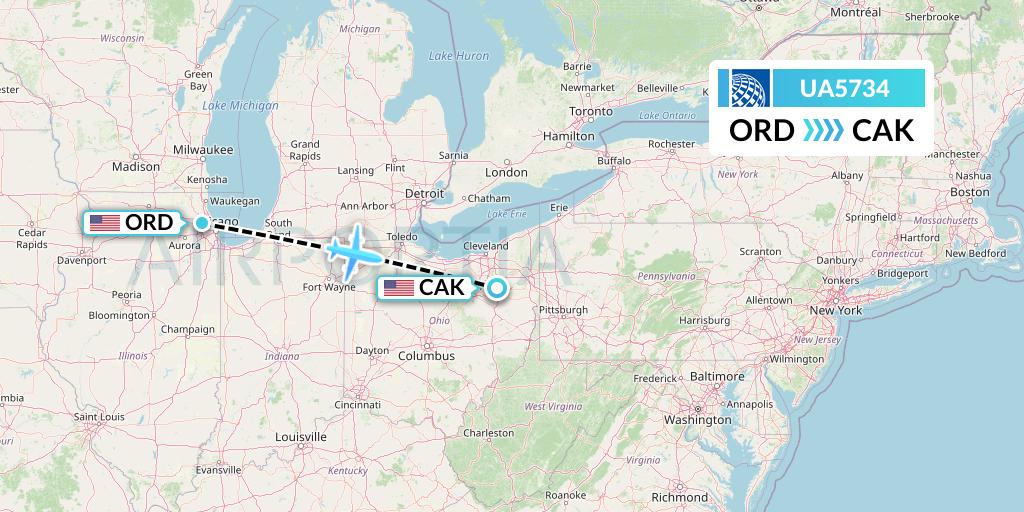 UA5734 United Airlines Flight Map: Chicago to Akron