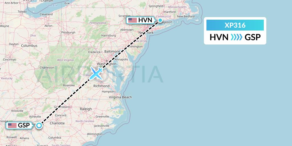 XP316 Avelo Airlines Flight Map: New Haven to Greenville-Spartanburg