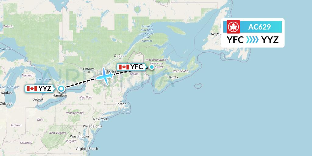 AC629 Air Canada Flight Map: Fredericton to Toronto
