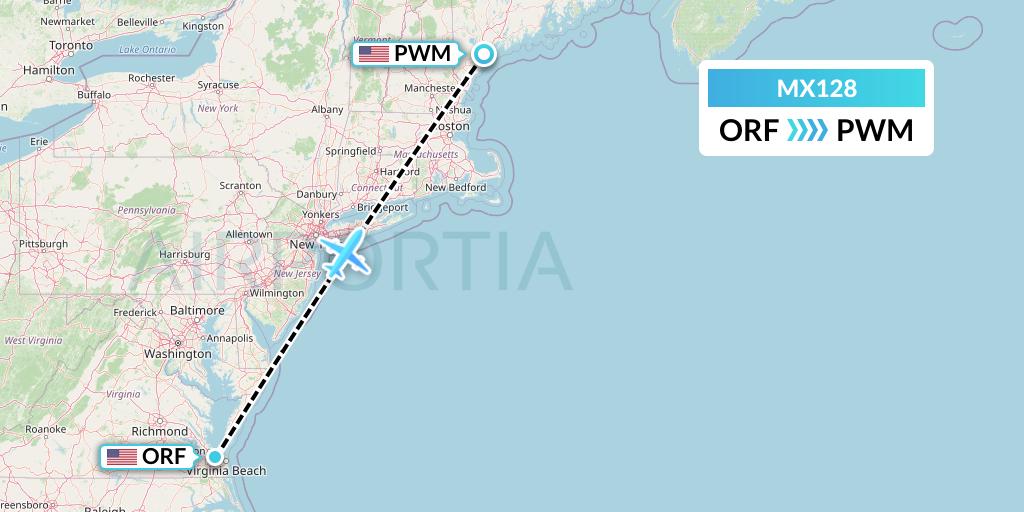 MX128 Breeze Airways Flight Map: Norfolk to Portland
