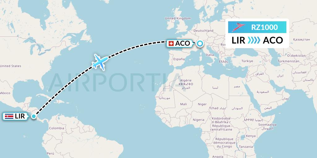 RZ1000 Sansa Airlines Flight Map: Liberia to Ascona