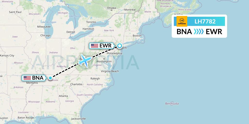 LH7782 Lufthansa Flight Map: Nashville to New York
