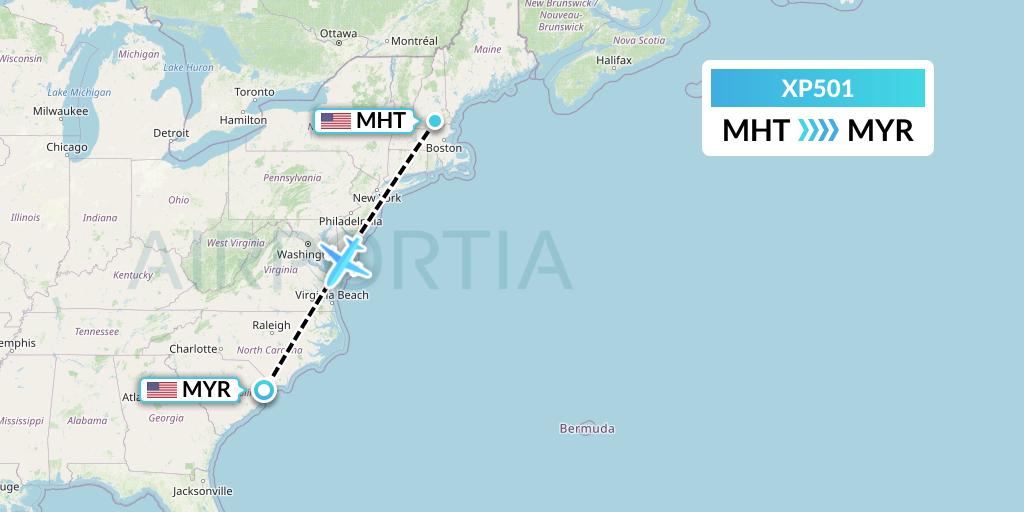 XP501 Avelo Airlines Flight Map: Manchester to Myrtle Beach