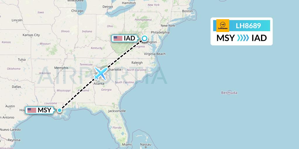 LH8689 Lufthansa Flight Map: New Orleans to Washington