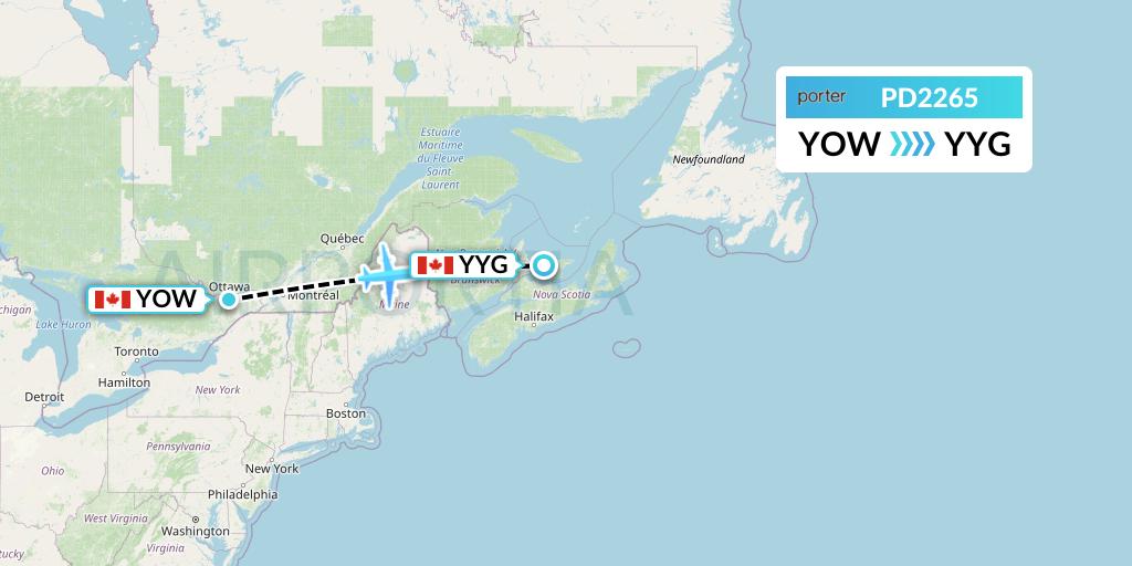 PD2265 Porter Airlines Flight Map: Ottawa to Charlottetown