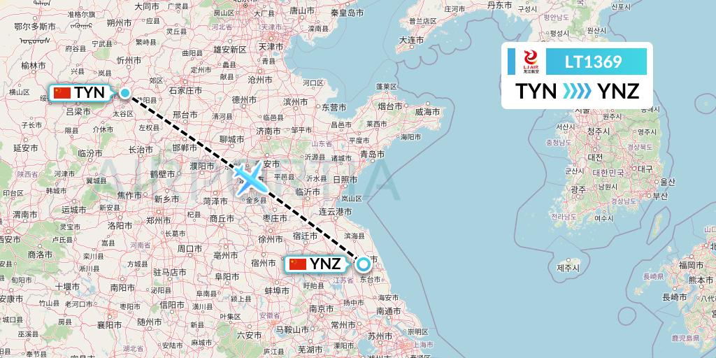 LT1369 LongJiang Airlines Flight Map: Taiyuan to Yancheng