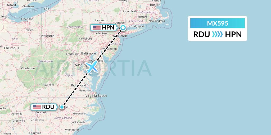 MX595 Breeze Airways Flight Map: Raleigh-Durham to White Plains
