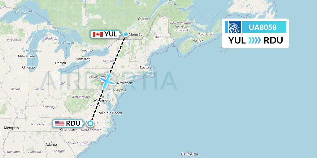 UA8058 United Airlines Flight Map: Montreal to Raleigh-Durham